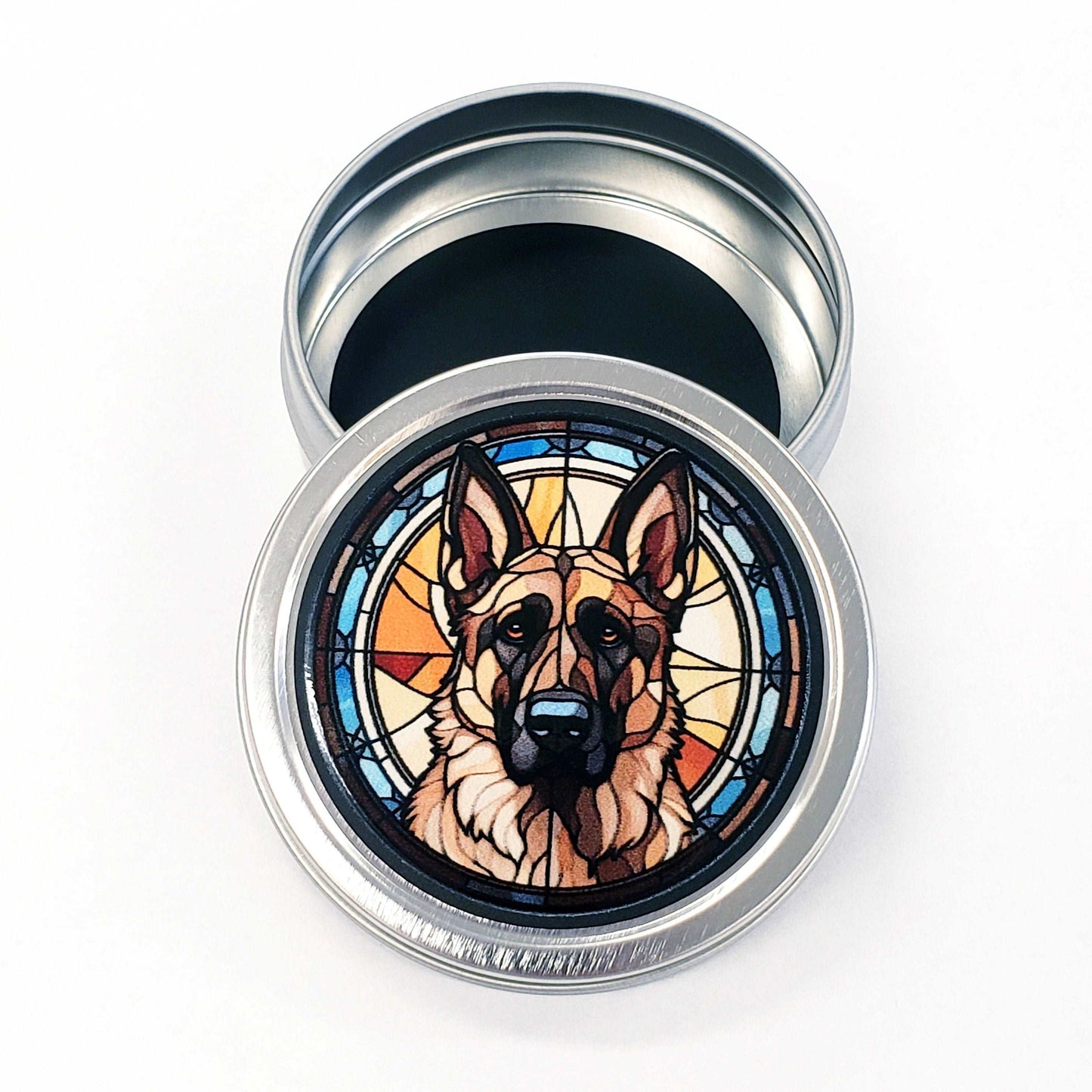 German Sheperd Gift Tin. Small round metal trinket container with sheperd dog graphics. Stocking Stuffer. Guitar Pick holder. Mints tin.