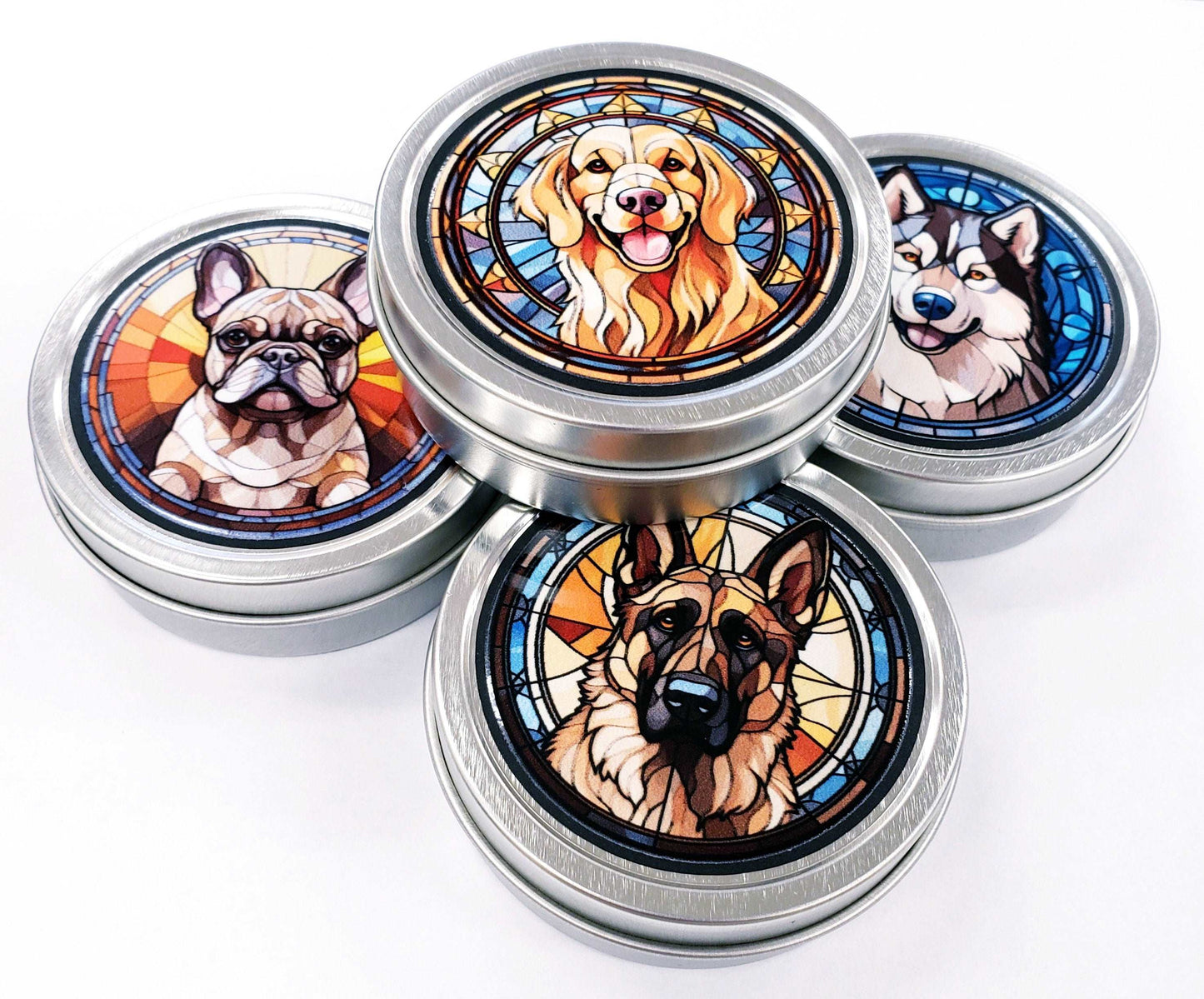German Sheperd Gift Tin. Small round metal trinket container with sheperd dog graphics. Stocking Stuffer. Guitar Pick holder. Mints tin.