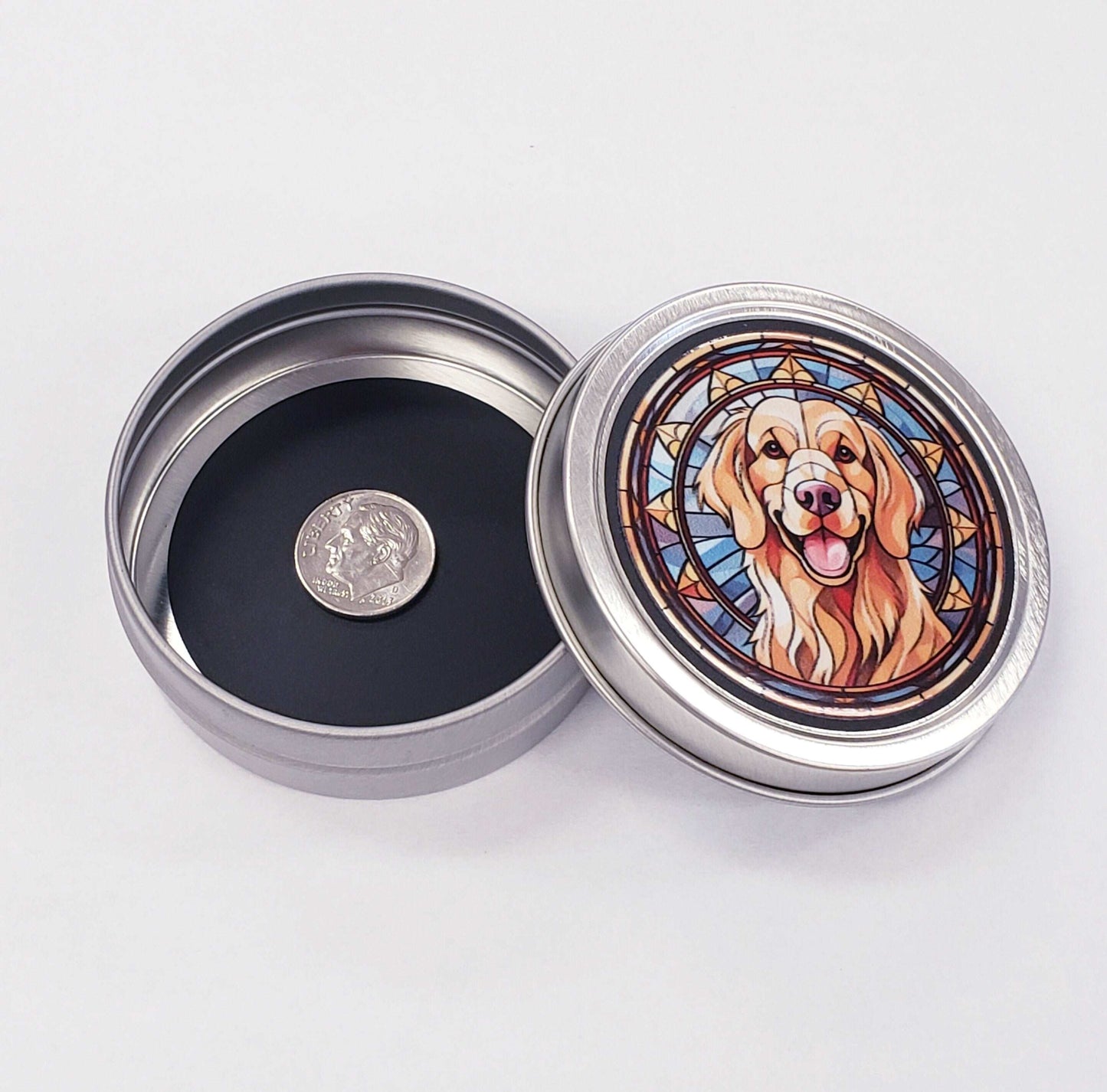 Golden Retriever Gift Tin. Small round metal trinket container with golden dog graphics. Stocking Stuffer. Guitar Pick holder. Mints tin.
