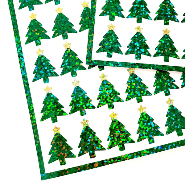 Christmas Trees Sticker Sheet, set of 50 Evergreen Pine Tree with gold star decorative stickers for ornaments, holiday cards and gift tags.