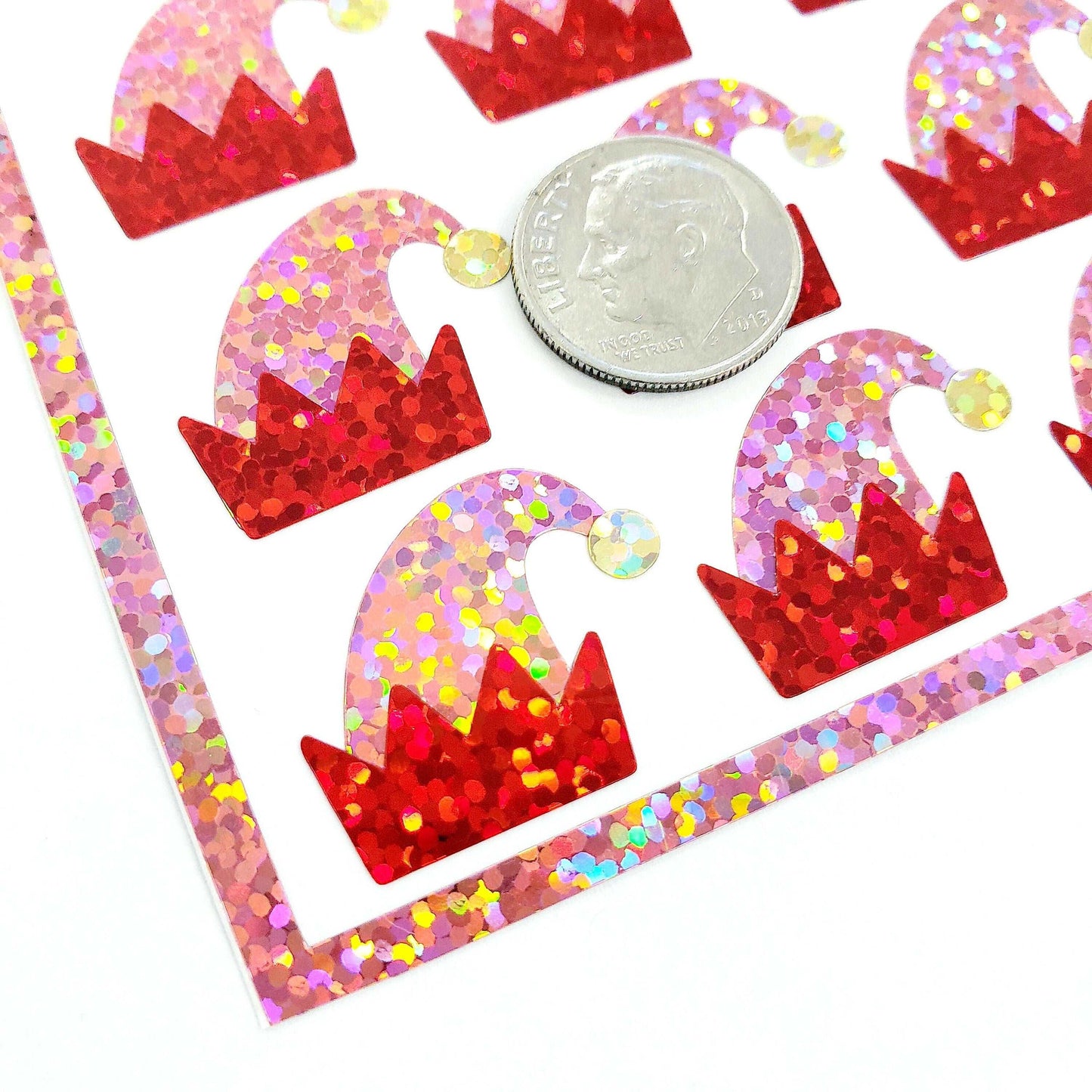 Elf Hats Sticker Sheet, set of 21 pink and red glitter Christmas stickers for holiday cards, envelopes, gift tags, ornaments and journals