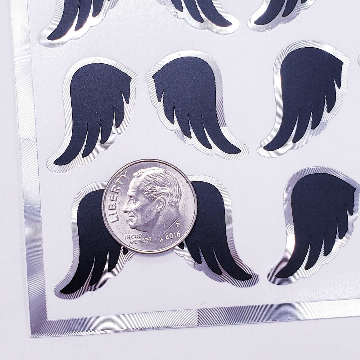 Black Angel Wing Stickers, set of 42 black and silver wing stickers for invitations, envelopes, notecards, planners, journals and crafts.