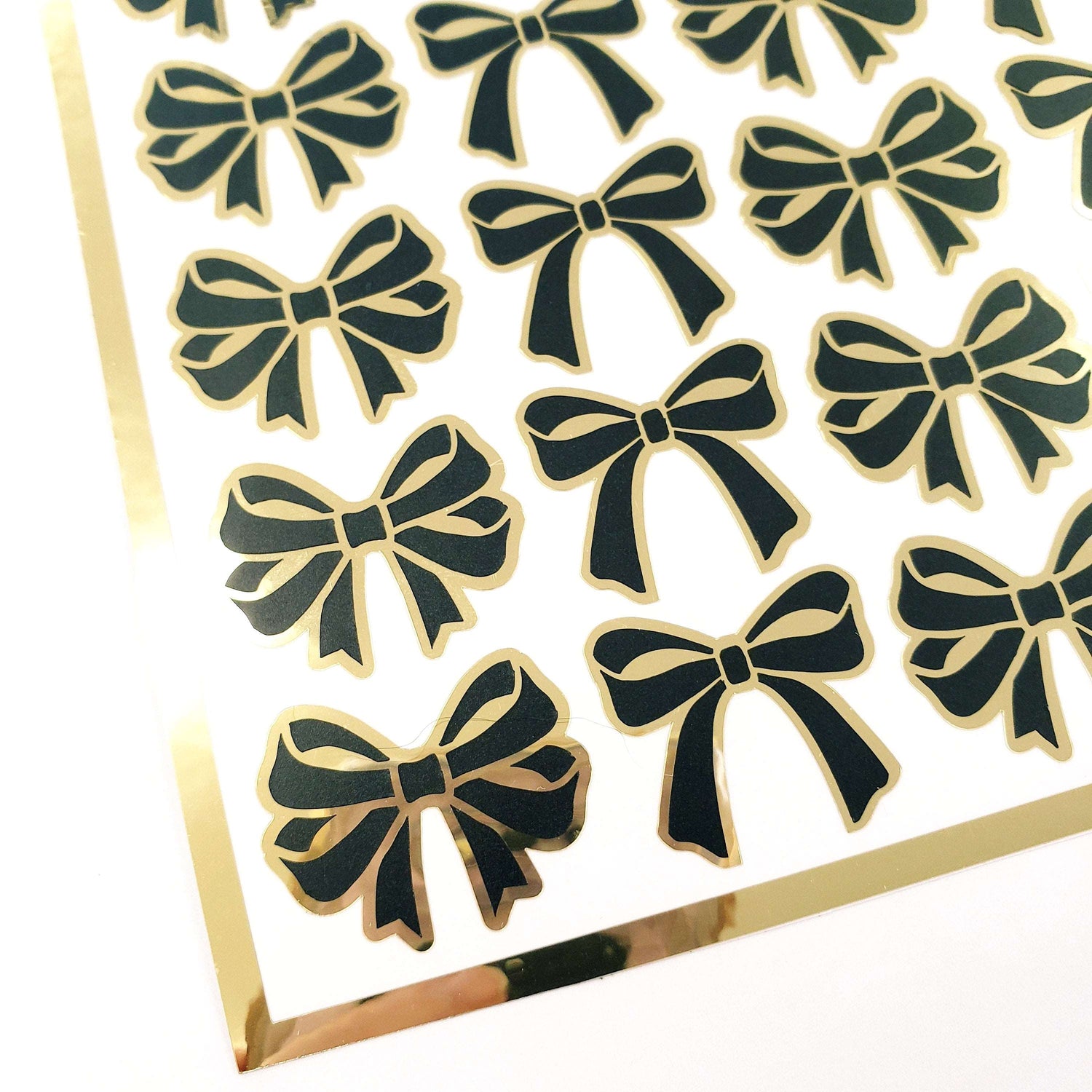 Bow Stickers, set of 28 black and gold ribbon shaped decals, coquette aesthetic, peel and stick bows for cards, invitations and envelopes.
