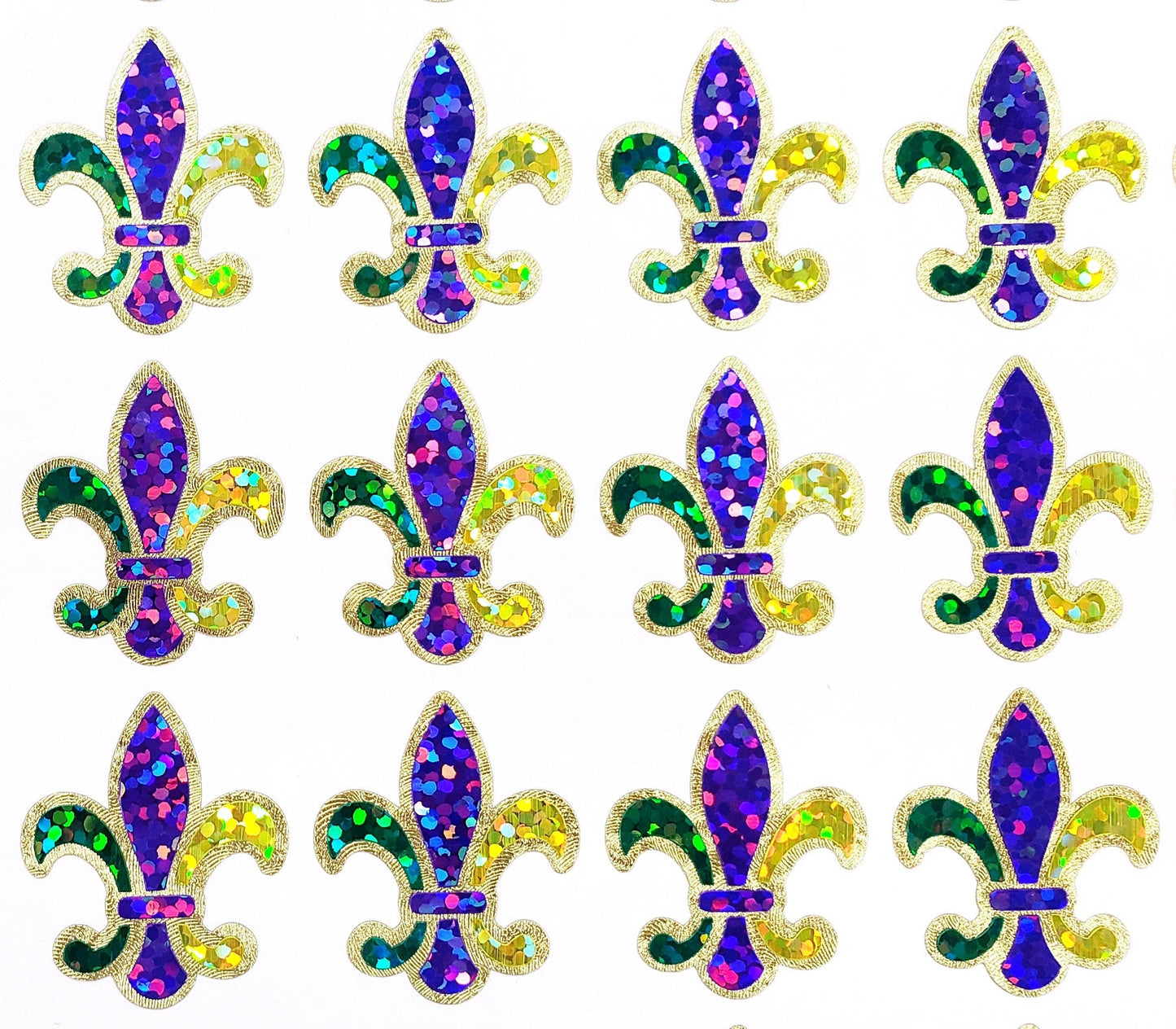 Mardi Gras Stickers, set of 10, 25 or 50 Louisiana French Fleur de Lis glitter stickers for cards, envelopes, ornaments & hurricane glasses