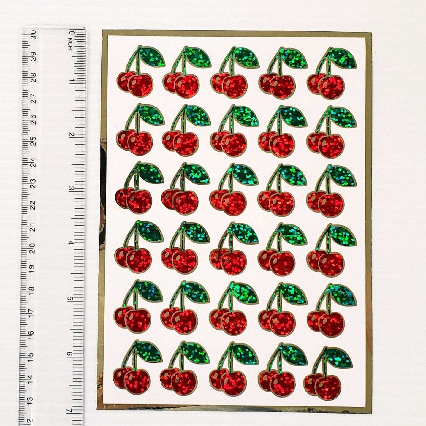 Cherry Sticker Sheet, set of 30 small sparkly retro style cherries, berry fruit stickers for laptops, scrapbook pages, journals, notebooks.