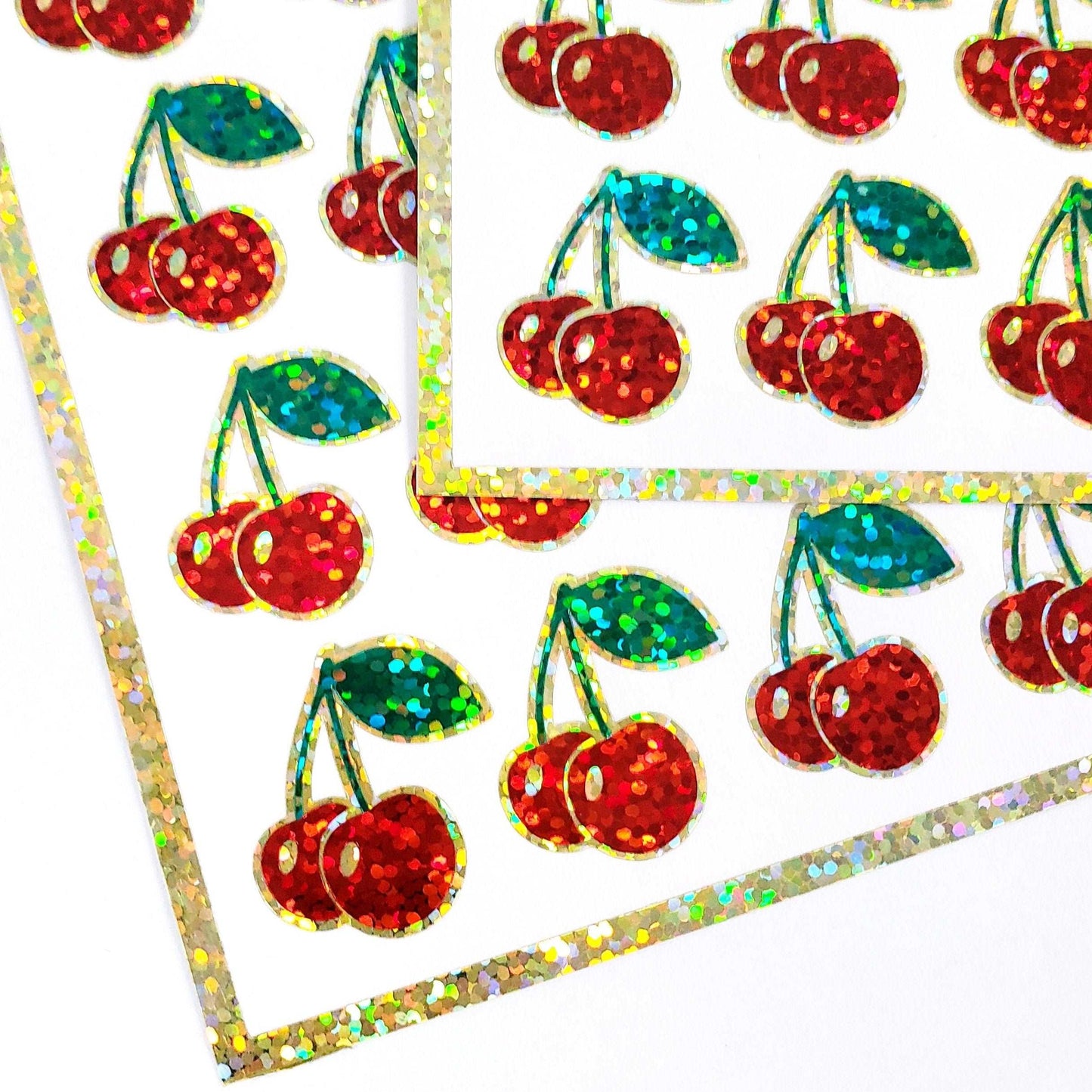 Cherry Sticker Sheet, set of 30 small sparkly retro style cherries, berry fruit stickers for laptops, scrapbook pages, journals, notebooks.