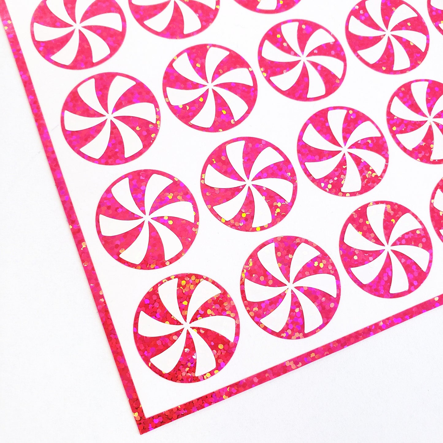 Pink Peppermint Candy Cane Pinwheels Stickers, set of 24 glitter stickers for holiday cards and gift tags