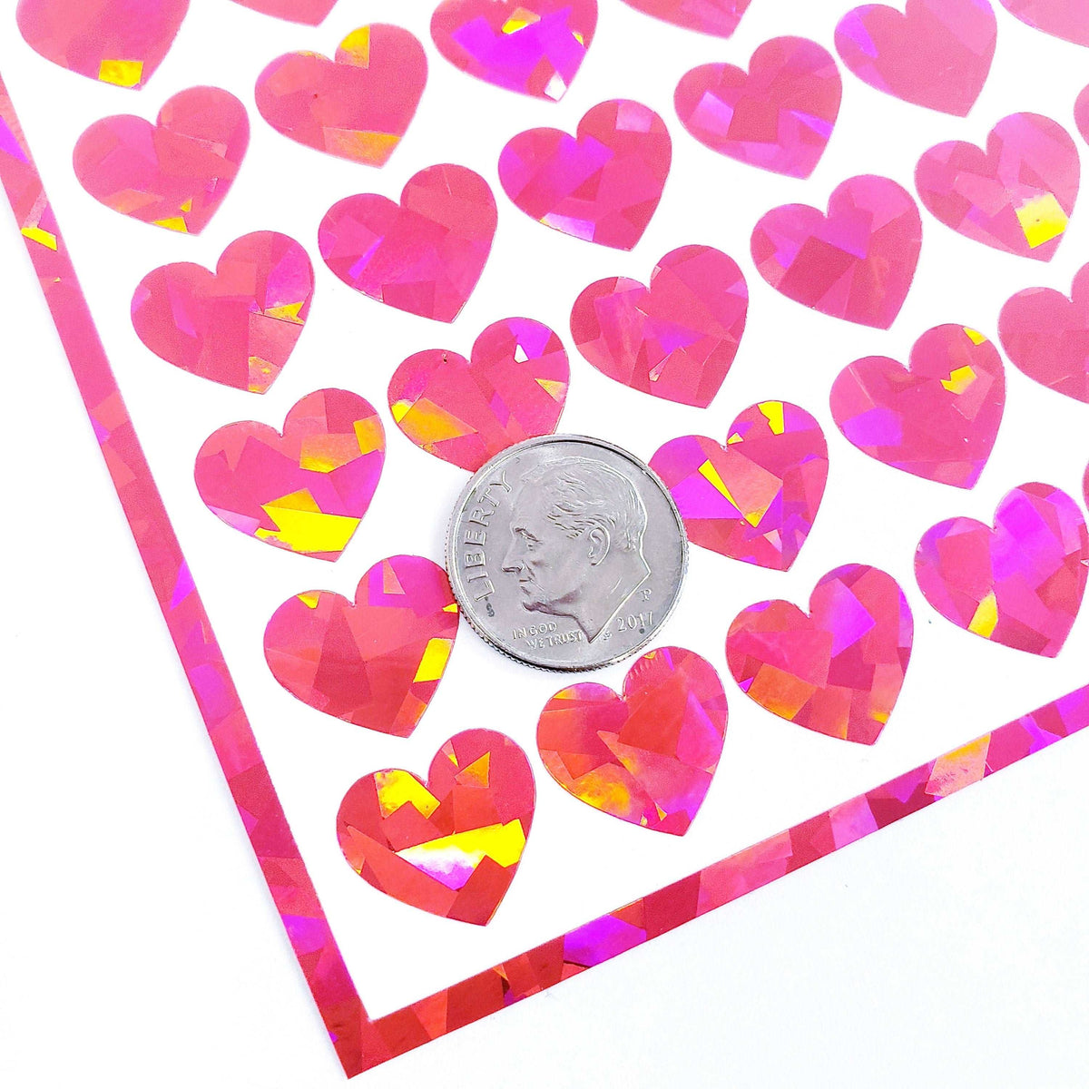 Bubblegum Pink Hearts Sticker Sheet. Set of 104 sparkly vinyl decals for planners, notebooks, journals, and crafts. Pink half inch hearts.