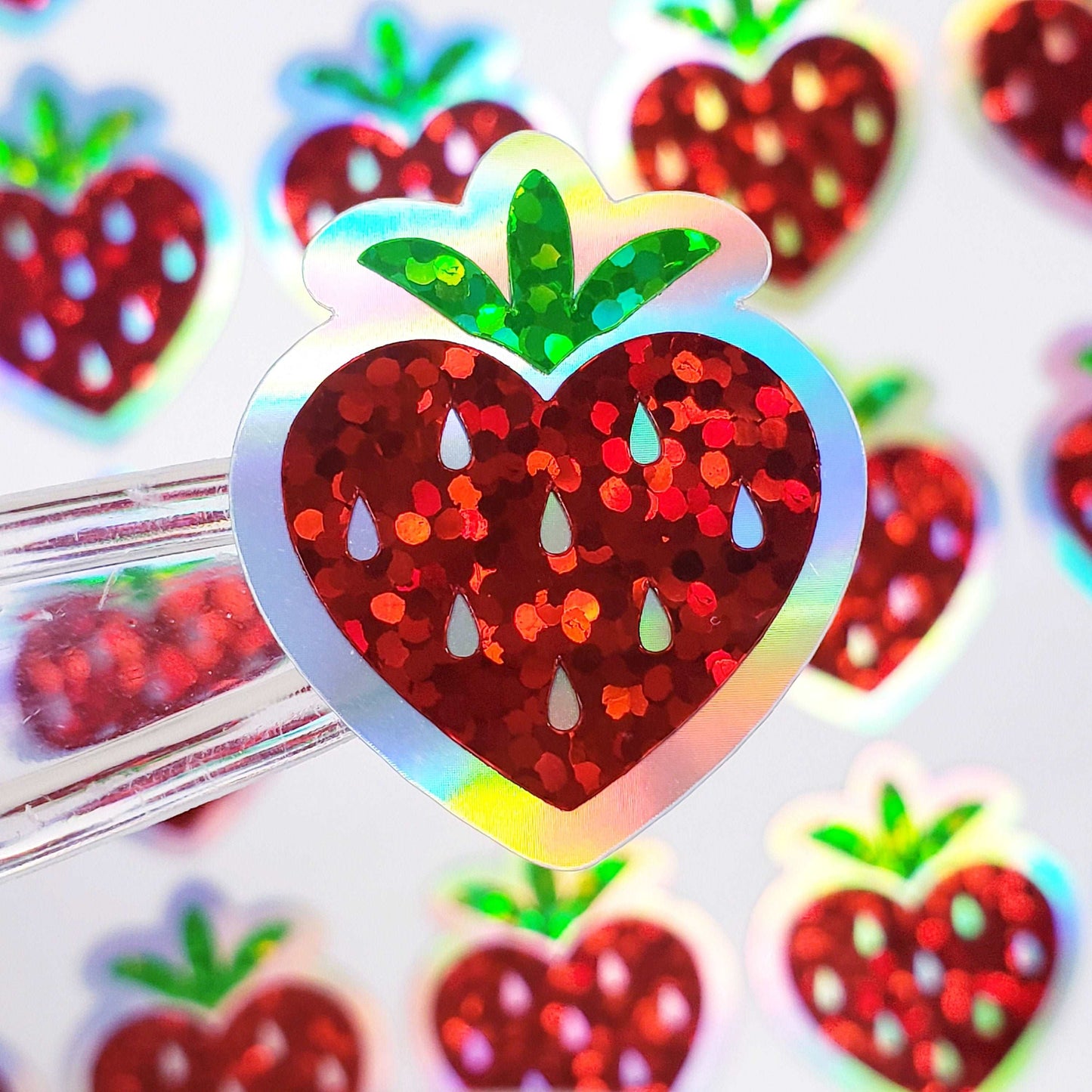 Red Strawberry Heart Stickers, set of 30 cute fruit glitter decals for Valentine's Day cards, envelope seals, sticker gift for teachers.
