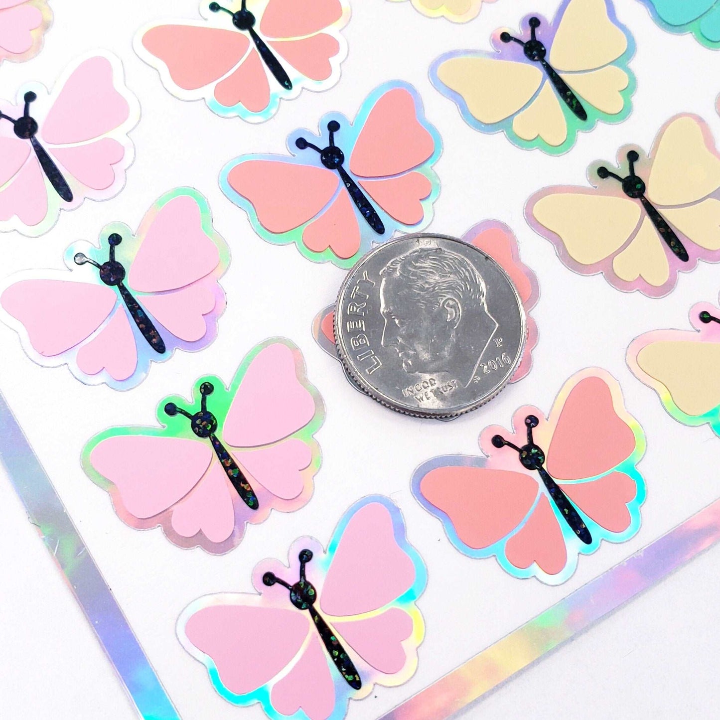 Pastel Rainbow Butterfly Stickers, set of 49 cute multi color vinyl butterflies for Spring crafts, Easter baskets and Mother's Day cards.