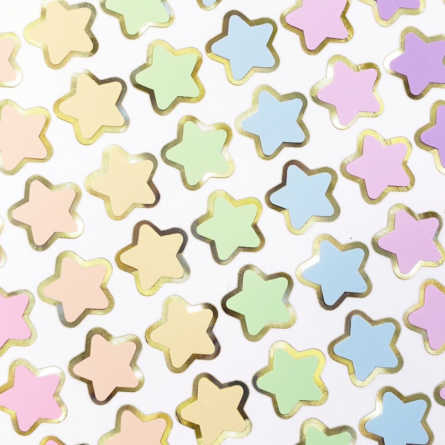 Pastel Rainbow Star Stickers, set of 70 small soft color kawaii stars for cards, envelopes, invitations, laptops and crafts. Silver outline