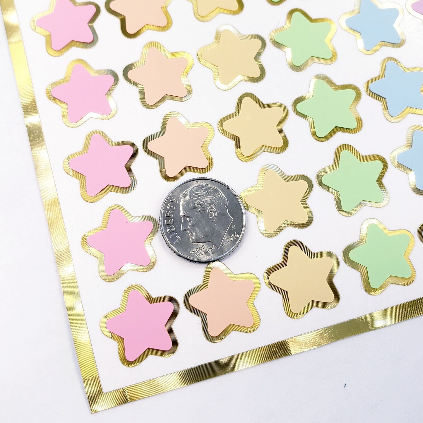 Pastel Rainbow Star Stickers, set of 70 small soft color kawaii stars for cards, envelopes, invitations, laptops and crafts. Silver outline