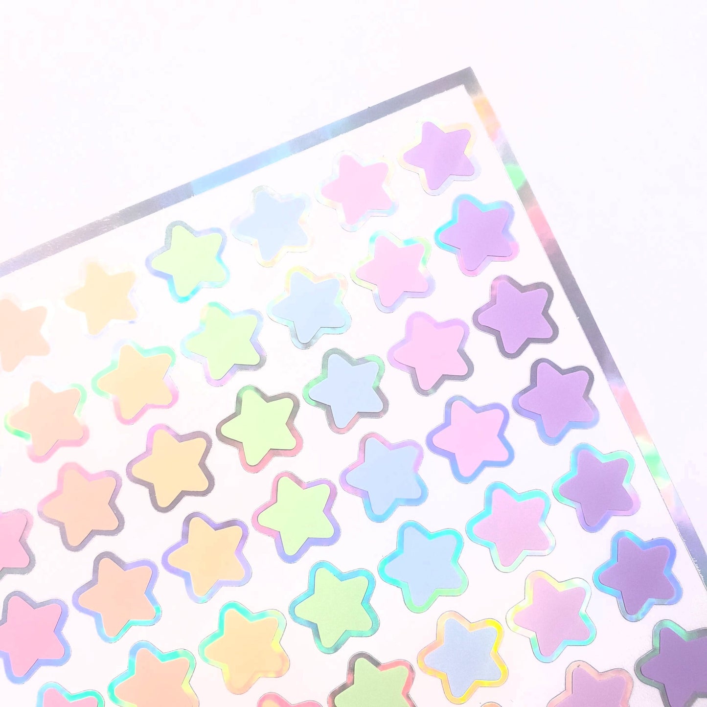 Pastel Rainbow Star Stickers, set of 70 small soft color kawaii stars for cards, envelopes, invitations, laptops and crafts. Silver outline