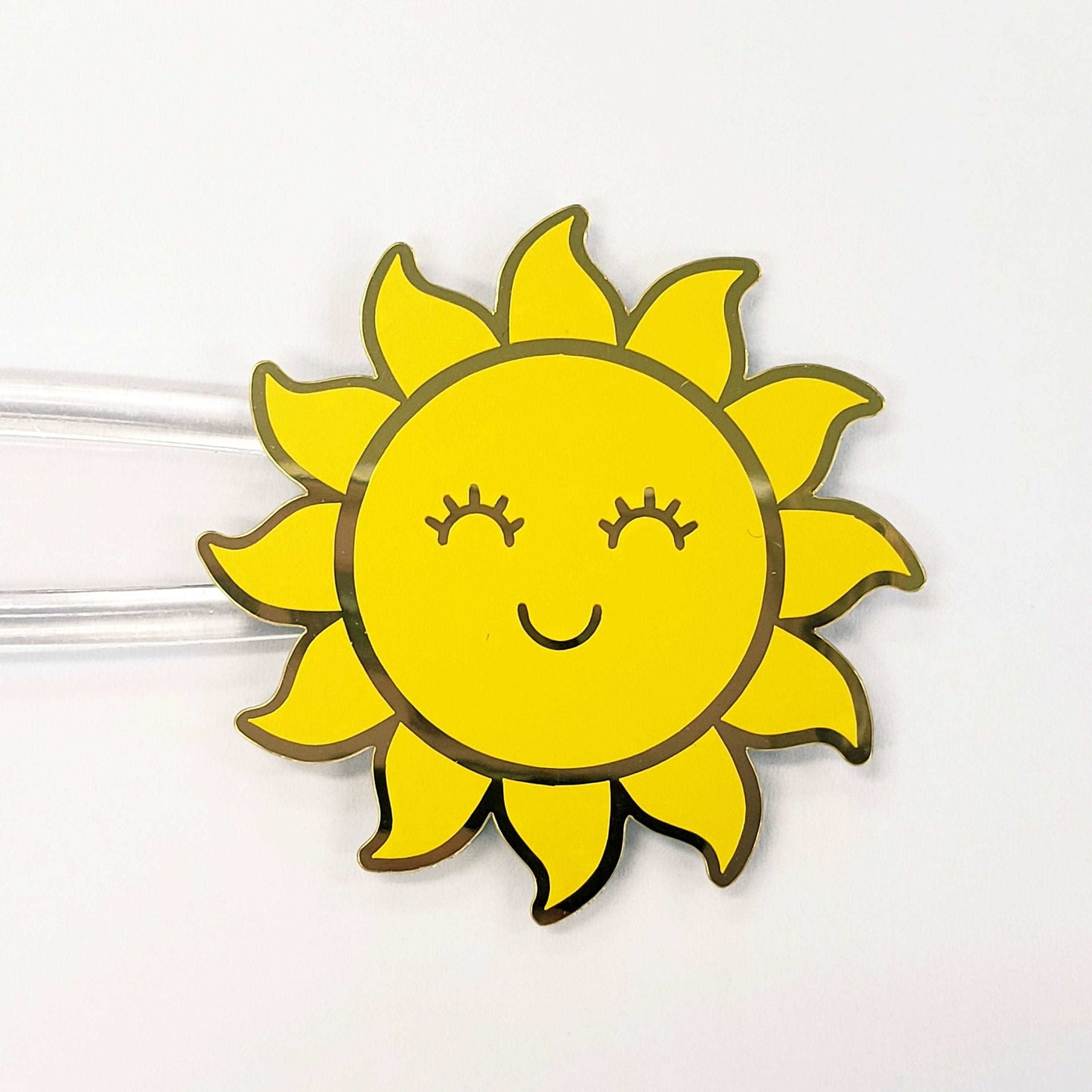 Happy Sun Stickers, set of 6 shiny yellow and gold smiling sun vinyl stickers for daily journals, cards, notebooks, envelopes and laptops.