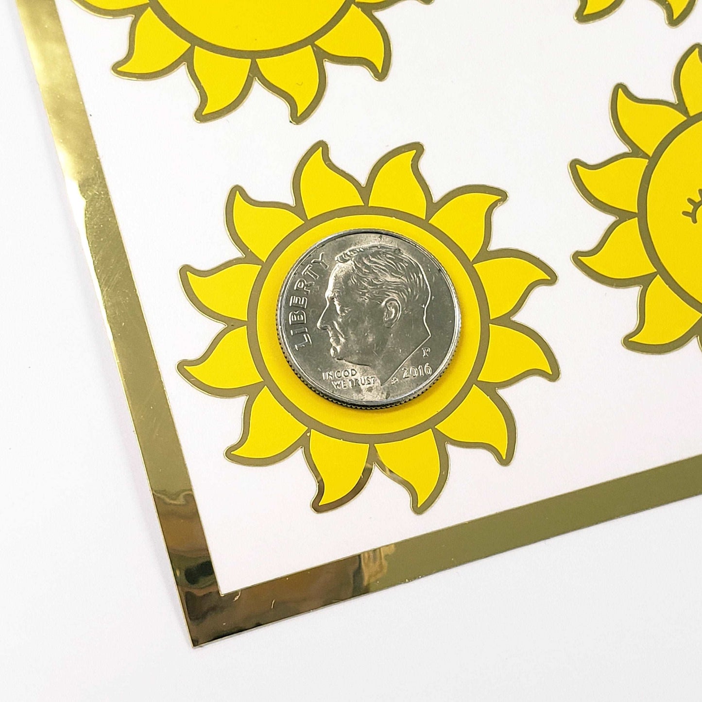 Happy Sun Stickers, set of 6 shiny yellow and gold smiling sun vinyl stickers for daily journals, cards, notebooks, envelopes and laptops.