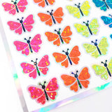 Butterfly Stickers, set of 49 cute neon bright rainbow color butterflies for Spring crafts, laptops, notebooks and journals, gold outline.