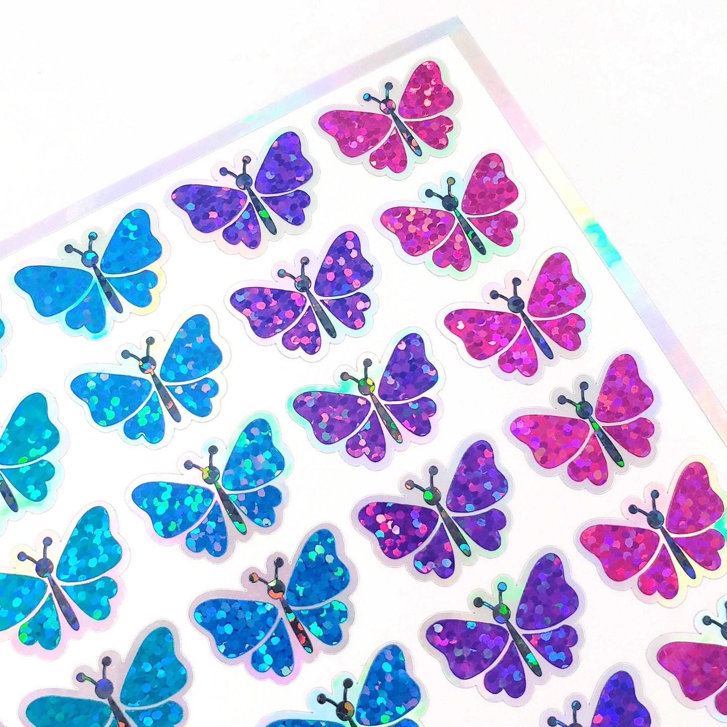 Butterfly Stickers, set of 49 cute neon bright rainbow color butterflies for Spring crafts, laptops, notebooks and journals, gold outline.