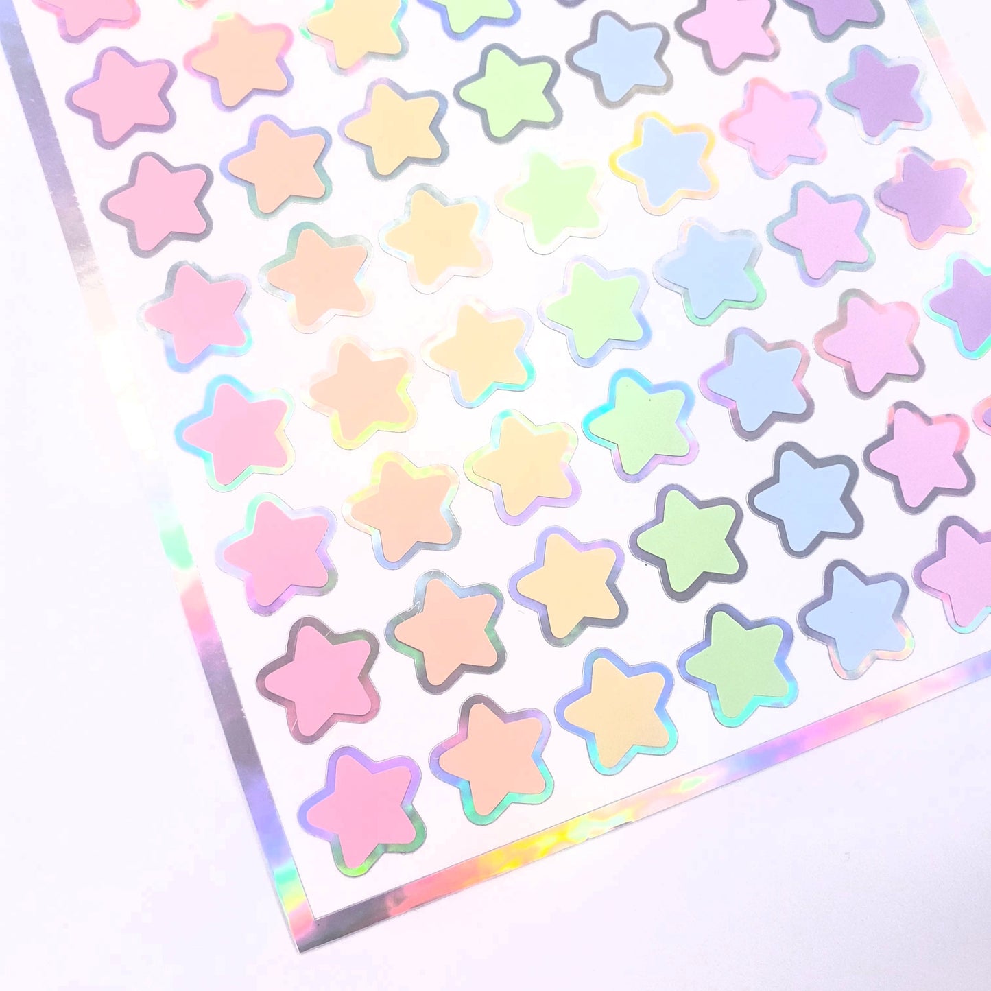 Pastel Rainbow Star Stickers, set of 70 small soft color kawaii stars for cards, envelopes, invitations, laptops and crafts. Silver outline