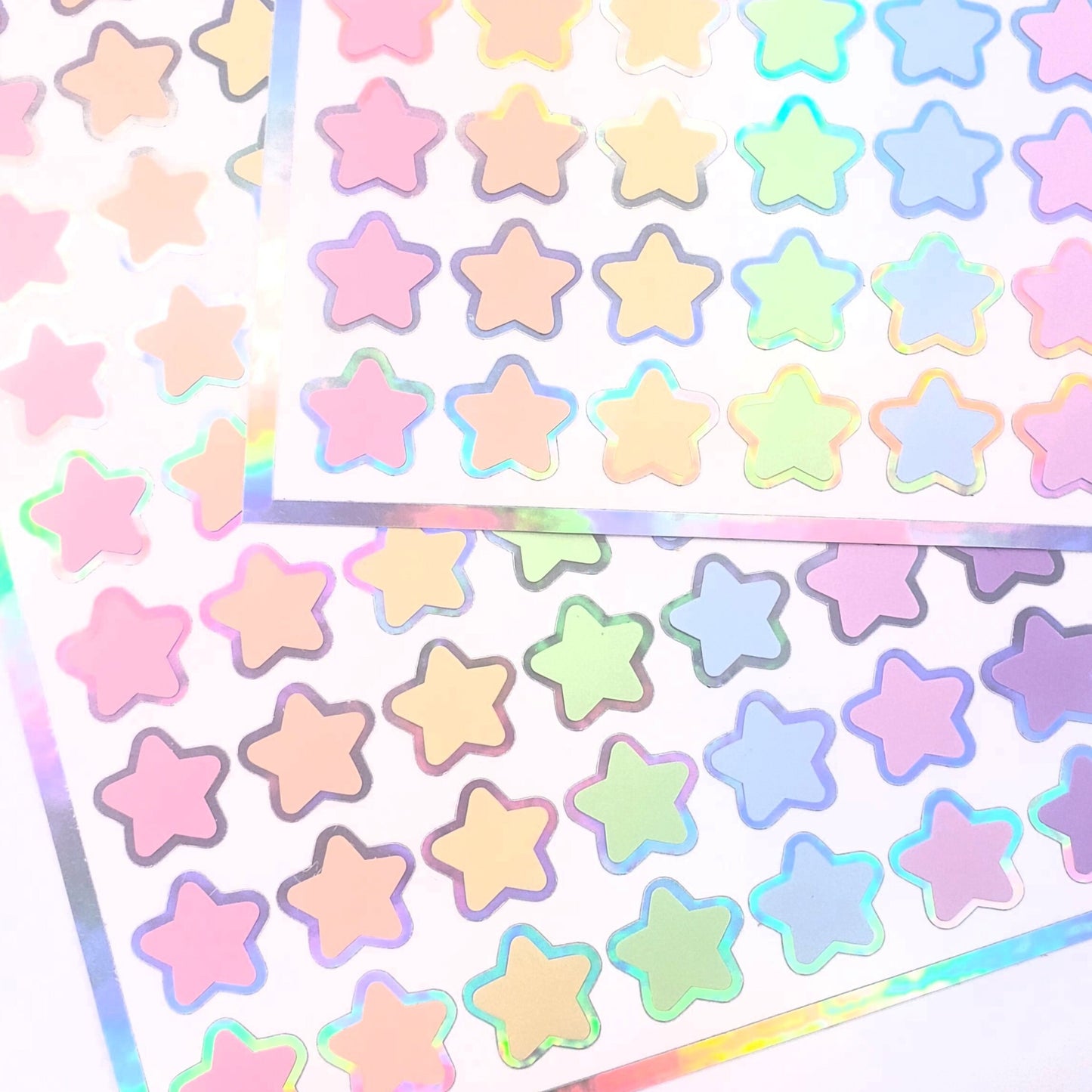 Pastel Rainbow Star Stickers, set of 70 small soft color kawaii stars for cards, envelopes, invitations, laptops and crafts. Silver outline
