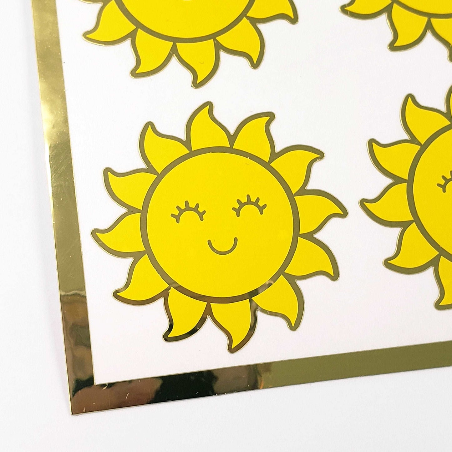 Happy Sun Stickers, set of 6 shiny yellow and gold smiling sun vinyl stickers for daily journals, cards, notebooks, envelopes and laptops.