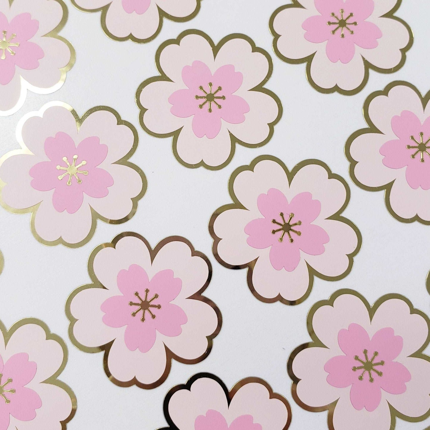 Set of 20 Pink and Gold Cherry Blossom Stickers, Sakura Flower Decals, Spring Crafts, Wedding Envelope Seals, Mother's Day Gift, waterproof.