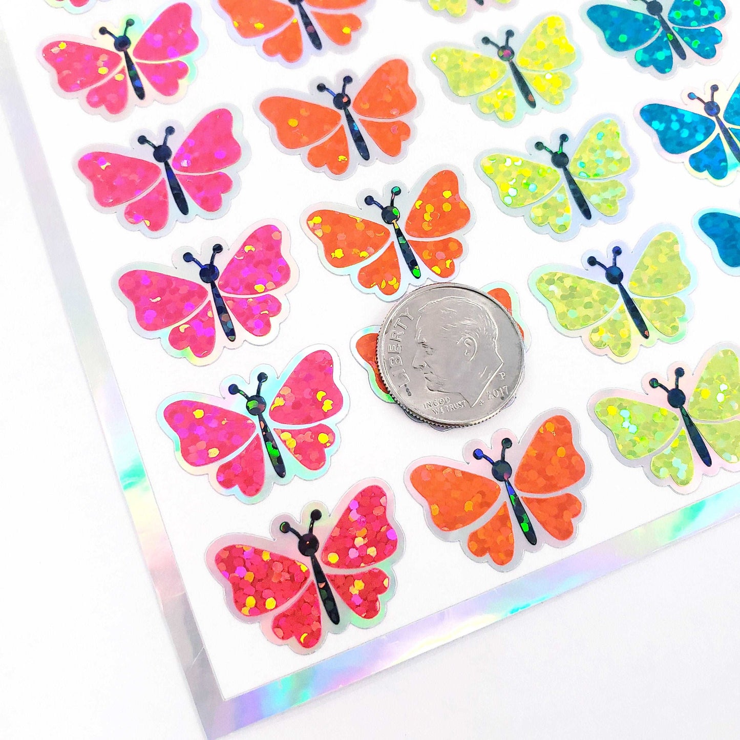 Butterfly Stickers, set of 49 cute neon bright rainbow color butterflies for Spring crafts, laptops, notebooks and journals, gold outline.