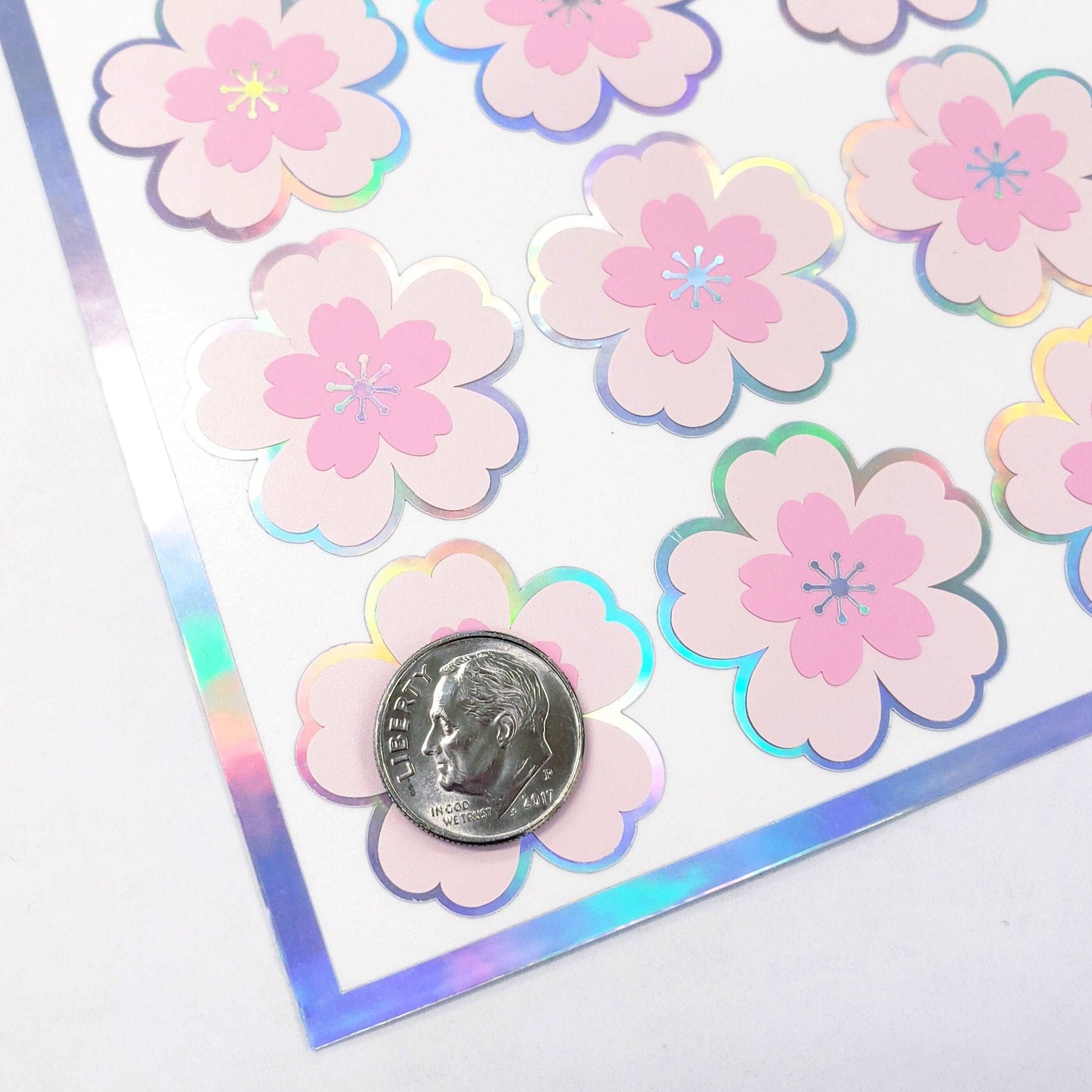 20 Holographic Cherry Blossom Stickers, Pink Sakura Flower Decals, Spring Crafts, Wedding Envelope Seals, Mother's Day Gift, peel and stick