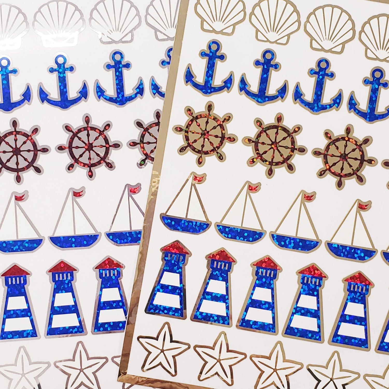 Nautical Glitter Stickers, set of 30 sailboats, anchors, lighthouses and seashells for journal, scrapbooks, beach weddings and pool party.