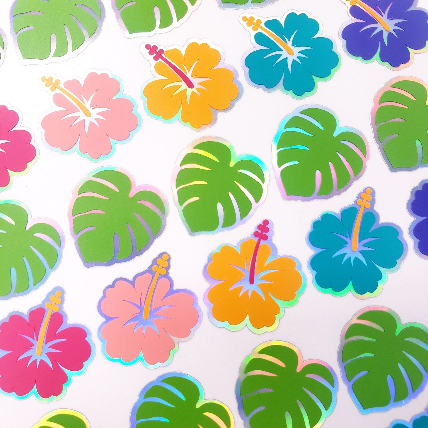 Tropical Flower Stickers, set of 20 hibiscus blooms and 15 monstera leaf stickers for journals, stationery and envelopes, bright colors.
