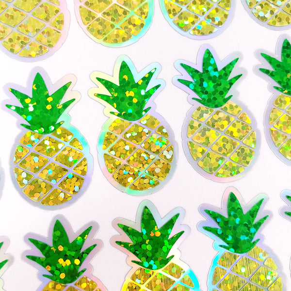 Pineapple Glitter Stickers, set of 30 peel and stick tropical fruit stickers, tropical luau party stickers.