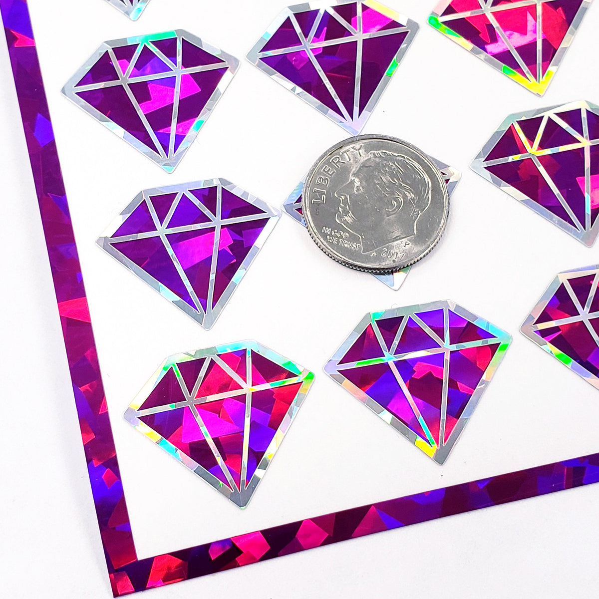 Hot Pink Birthstone stickers, set of 40 small sparkly pink diamond decals for gifts, notes, journals, phone grips and scrapbook pages.