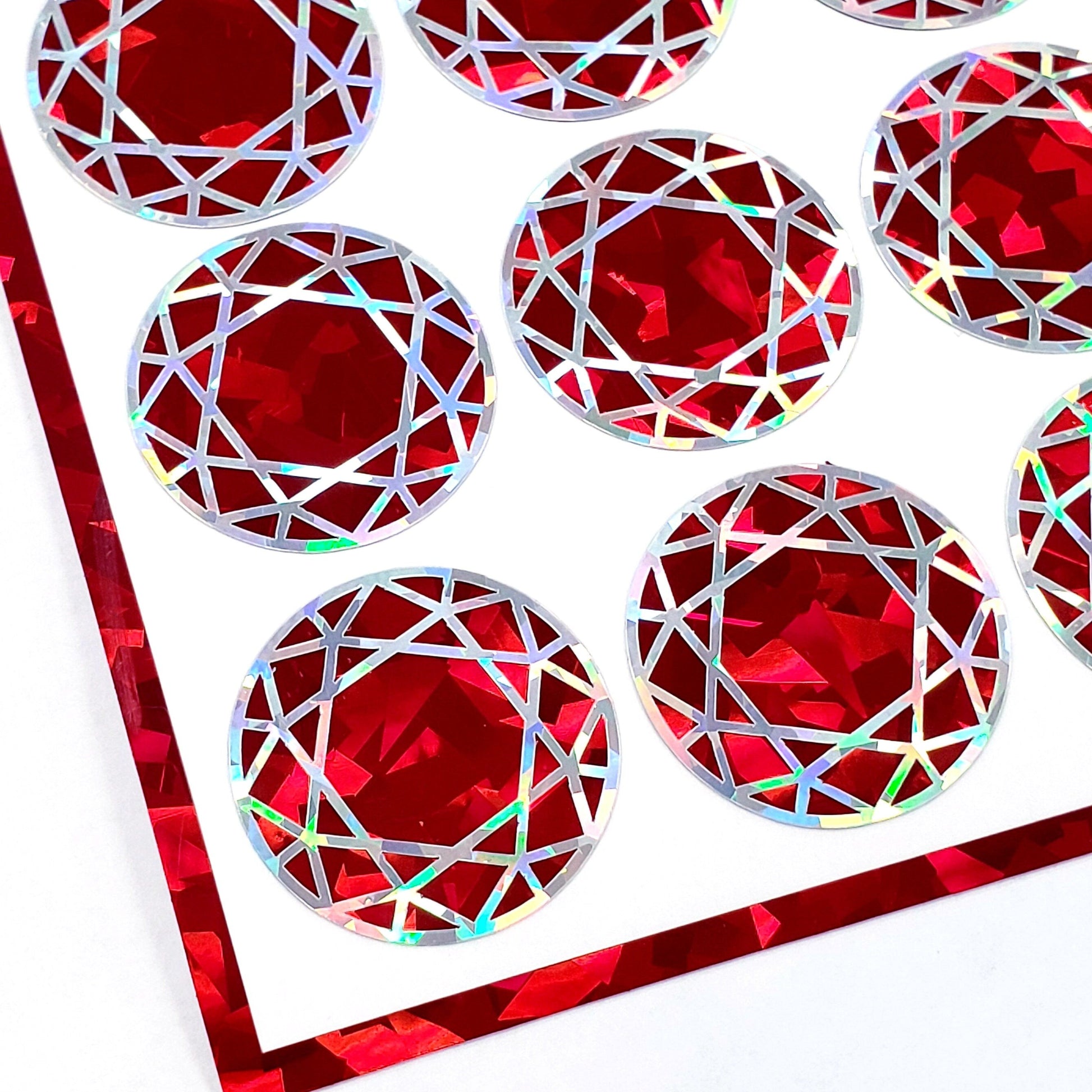 July Birthstone stickers, set of 20 small sparkly round red ruby gemstone decals for gifts, notecards, journals and scrapbook embellishments