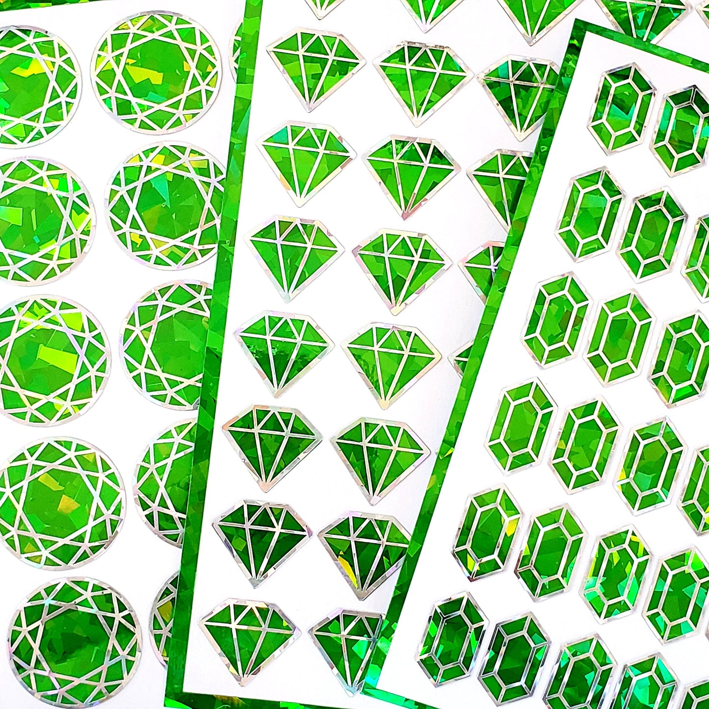 Green Diamond Sticker Bundle, set of 96 sparkly green peridot faux gemstone stickers for August birthday, Virgo zodiac gift, Free shipping.