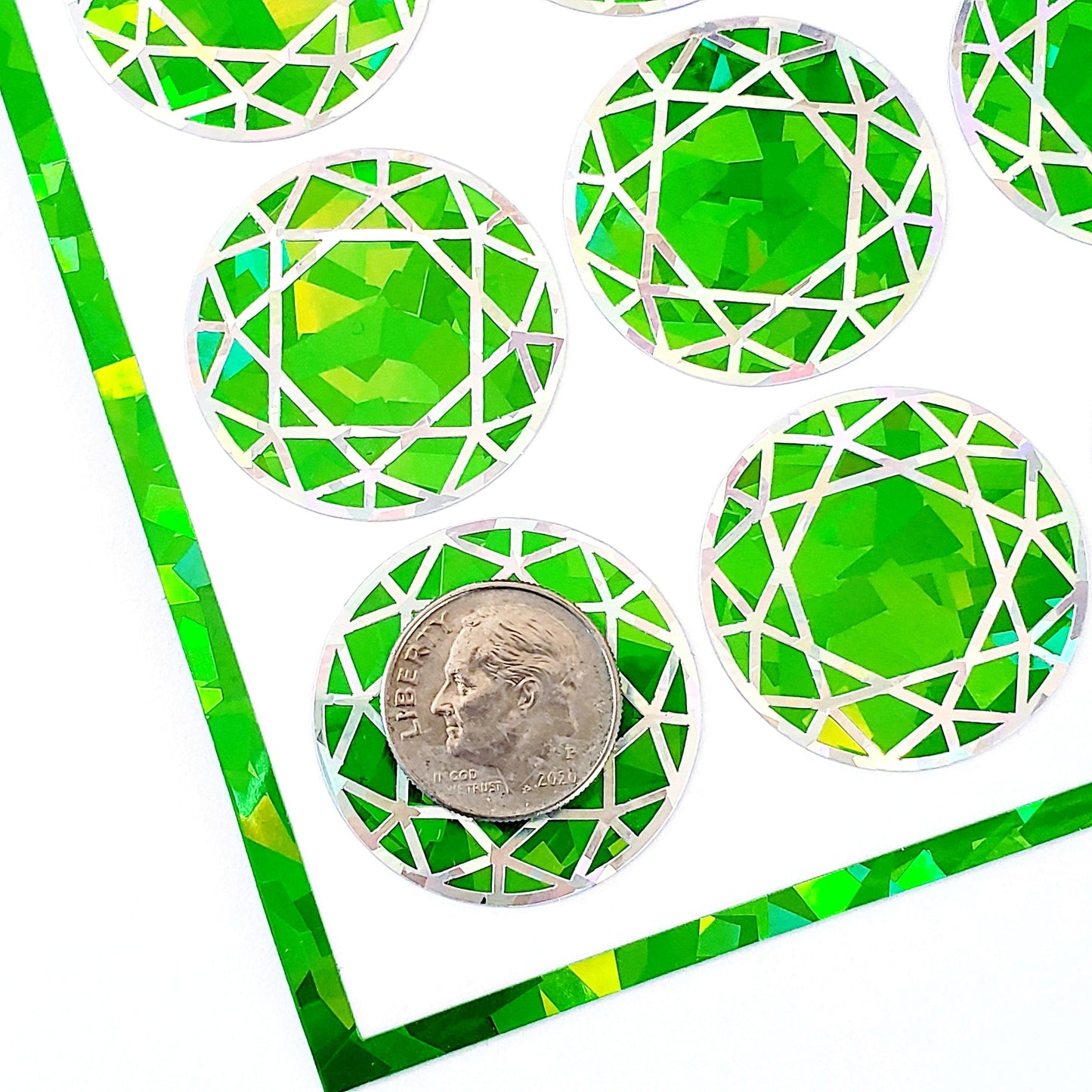 Green Diamond Sticker Bundle, set of 96 sparkly green peridot faux gemstone stickers for August birthday, Virgo zodiac gift, Free shipping.