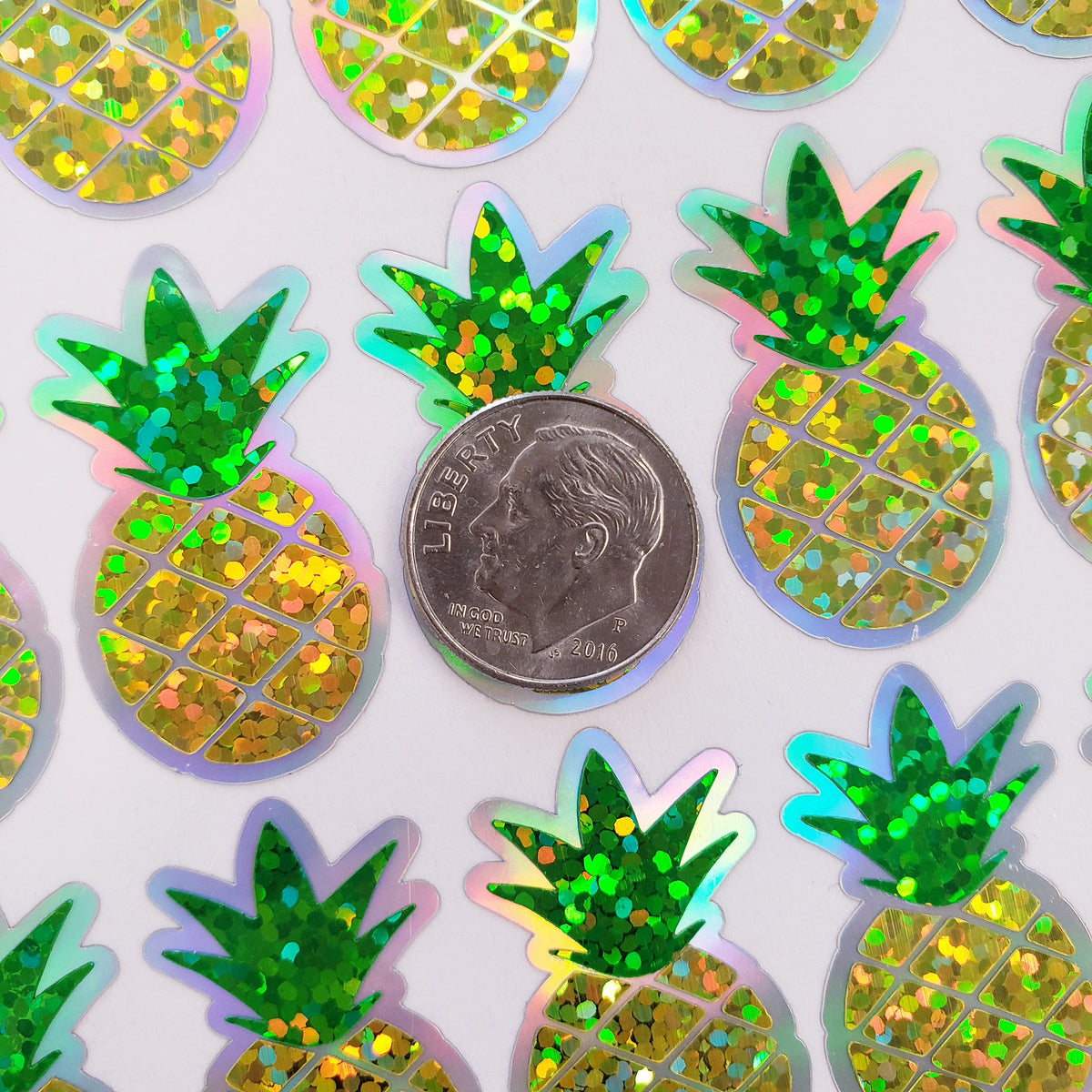 Pineapple Glitter Stickers, set of 30 peel and stick tropical fruit stickers, tropical luau party stickers.