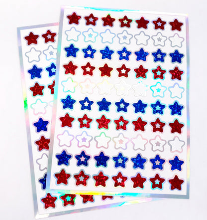 Star Stickers, set of 70 patriotic red, white, and blue stars for Memorial Day, July 4th, American Flag Decor, Glitter Sticker Sheet.
