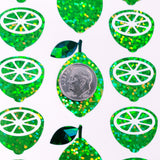 Lime Stickers, set of 31 sparkly green citrus stickers, peel and-stick fruit labels, vinyl decals.