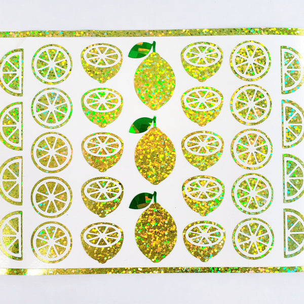 Lemon Stickers, set of 31 sparkly summer fruit decals, yellow citrus lemonade stickers.