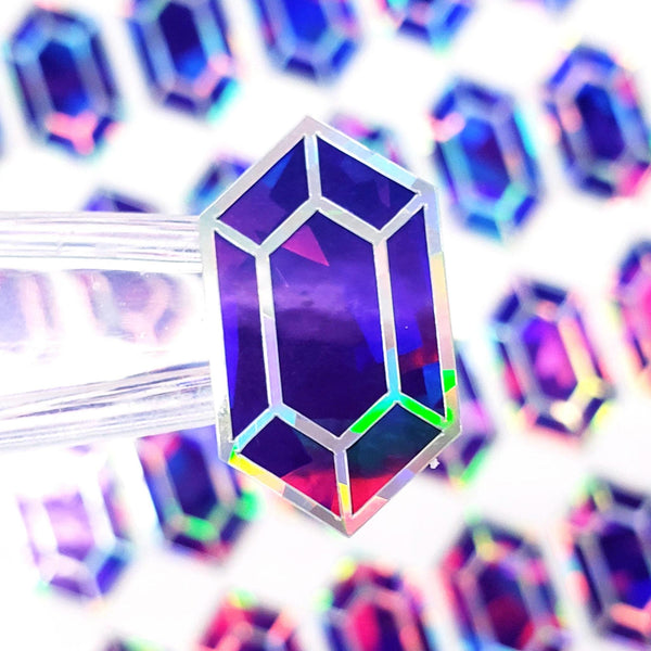 Purple rupee gem stickers, set of 36 small sparkly rupee vinyl decals. Treasure stickers for gamers.