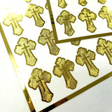 Ornate Gold Cross Stickers – 32 Metallic & Mirror Gold Cross Decals – Elegant Christian Sticker Sheet