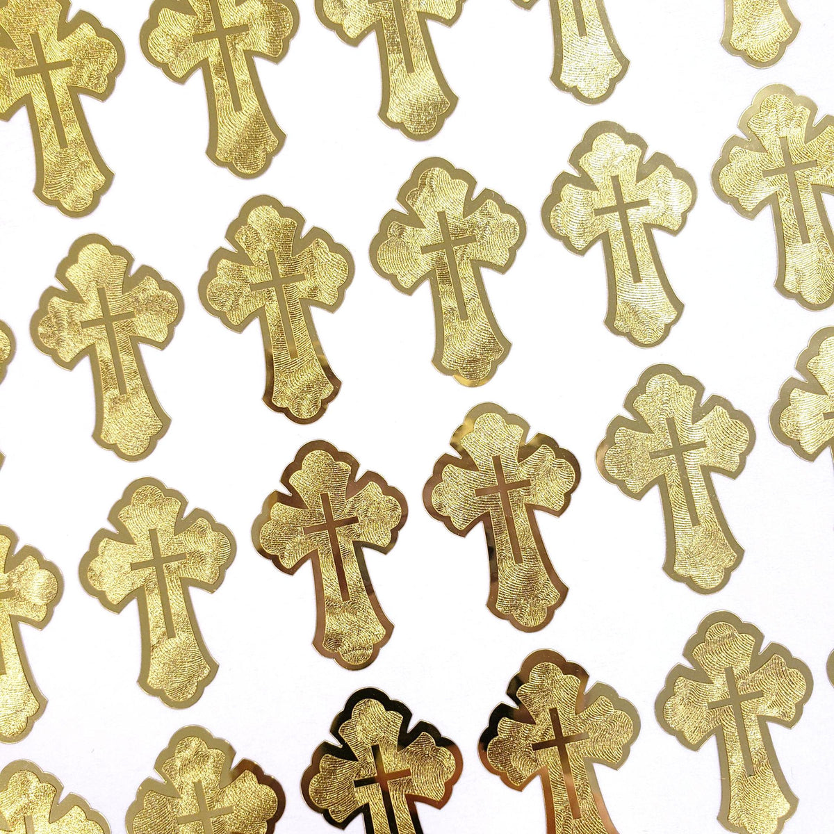 Ornate Gold Cross Stickers – 32 Metallic & Mirror Gold Cross Decals – Elegant Christian Sticker Sheet