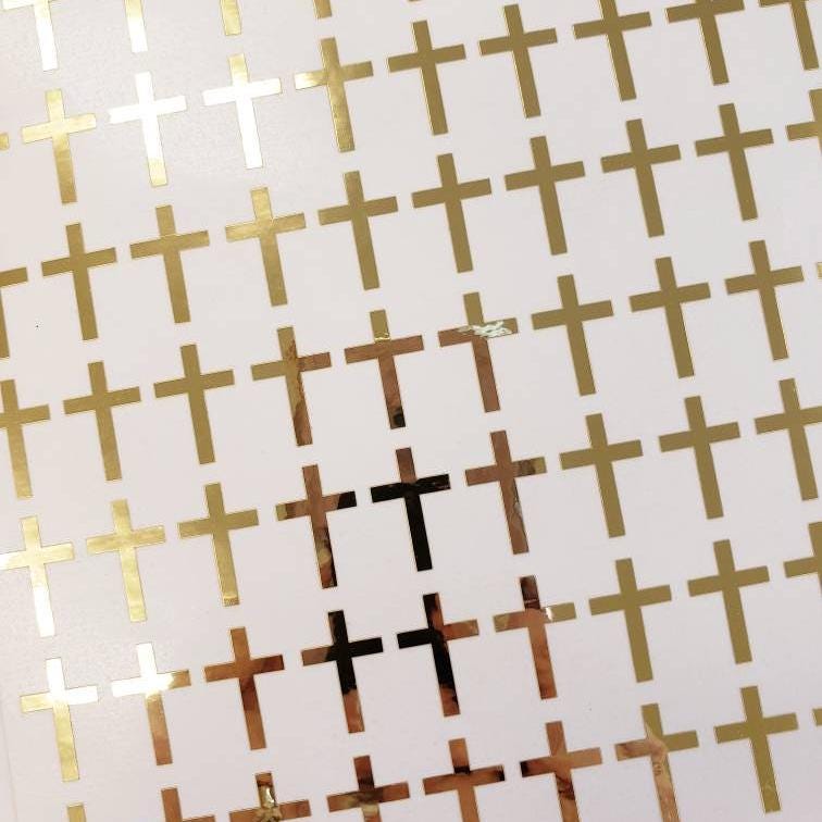 Cross Stickers, mirror gold crosses, small religious cross labels for envelopes, bible study, church group, block style, gold cross