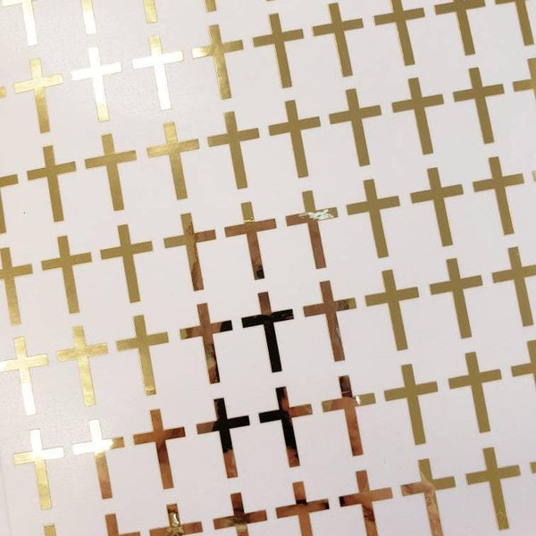 Cross Stickers, mirror gold crosses, small religious cross labels for envelopes, bible study, church group, block style, gold cross