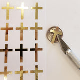 Cross Stickers, mirror gold crosses, small religious cross labels for envelopes, bible study, church group, block style, gold cross