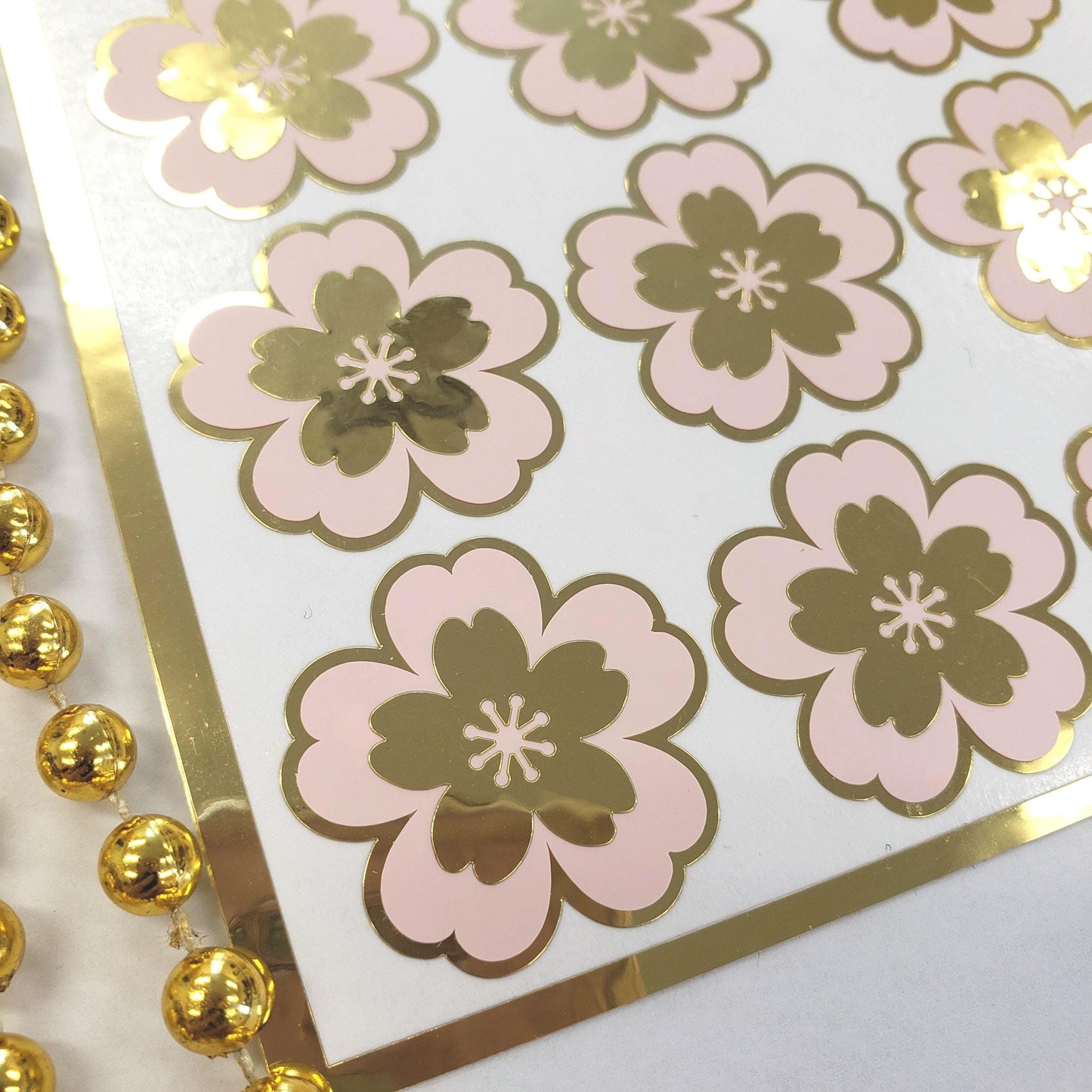 Pink and Gold Cherry Blossom Stickers, set of 20 Sakura Flower Decals for Crafts, Wedding Envelope Seals, Scrapbooks and Journals.