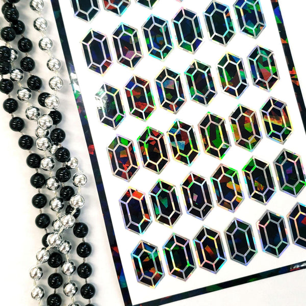 Black Rupee Gem Sticker Set of 36 sparkly black vinyl stickers for gamers, journals, notecards, laptops and crafts.