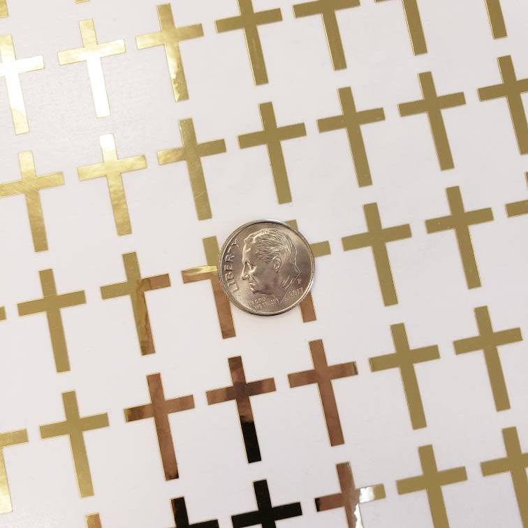 Cross Stickers, mirror gold crosses, small religious cross labels for envelopes, bible study, church group, block style, gold cross