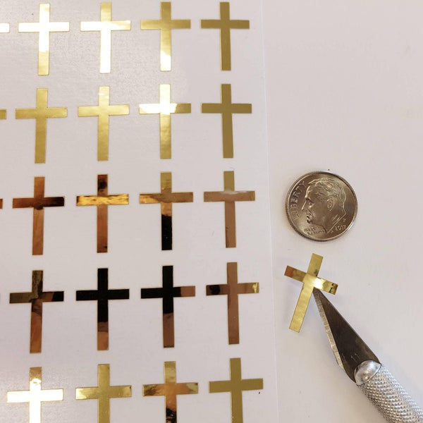 Cross Stickers, mirror gold crosses, small religious cross labels for envelopes, bible study, church group, block style, gold cross
