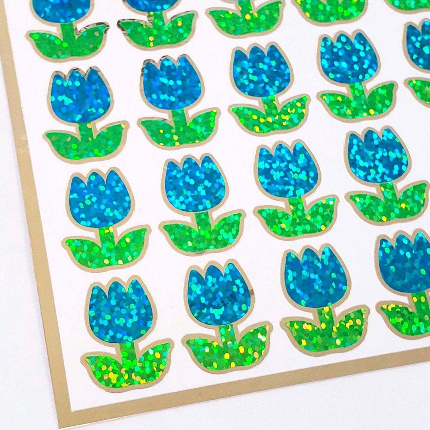Turquoise Tulip Stickers, set of 30 small sparkly spring flower decor for scrapbook pages, cards, envelopes and journal embellishments.