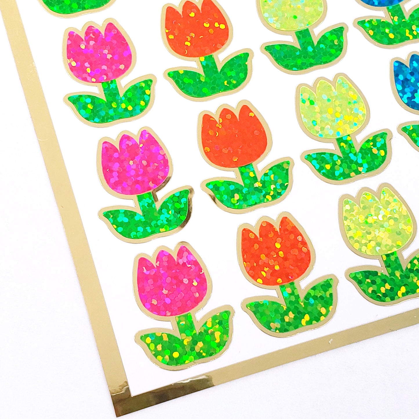 Tulip Stickers, set of 30 small sparkly multicolor spring flowers for scrapbook pages, Easter cards, envelopes and journal embellishments.